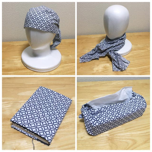 小さい点が猫の顔になってる「猫七宝つなぎ」(紺色)手ぬぐい